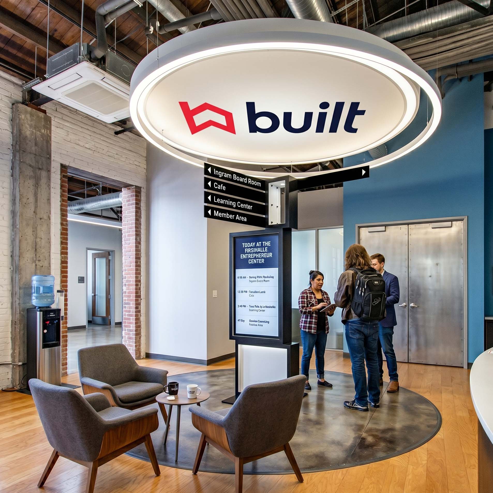 Concept rendering of the new EC entryway: an illuminated halo bearing the Built logo over the welcome seating area and digital wayfinding kiosk.